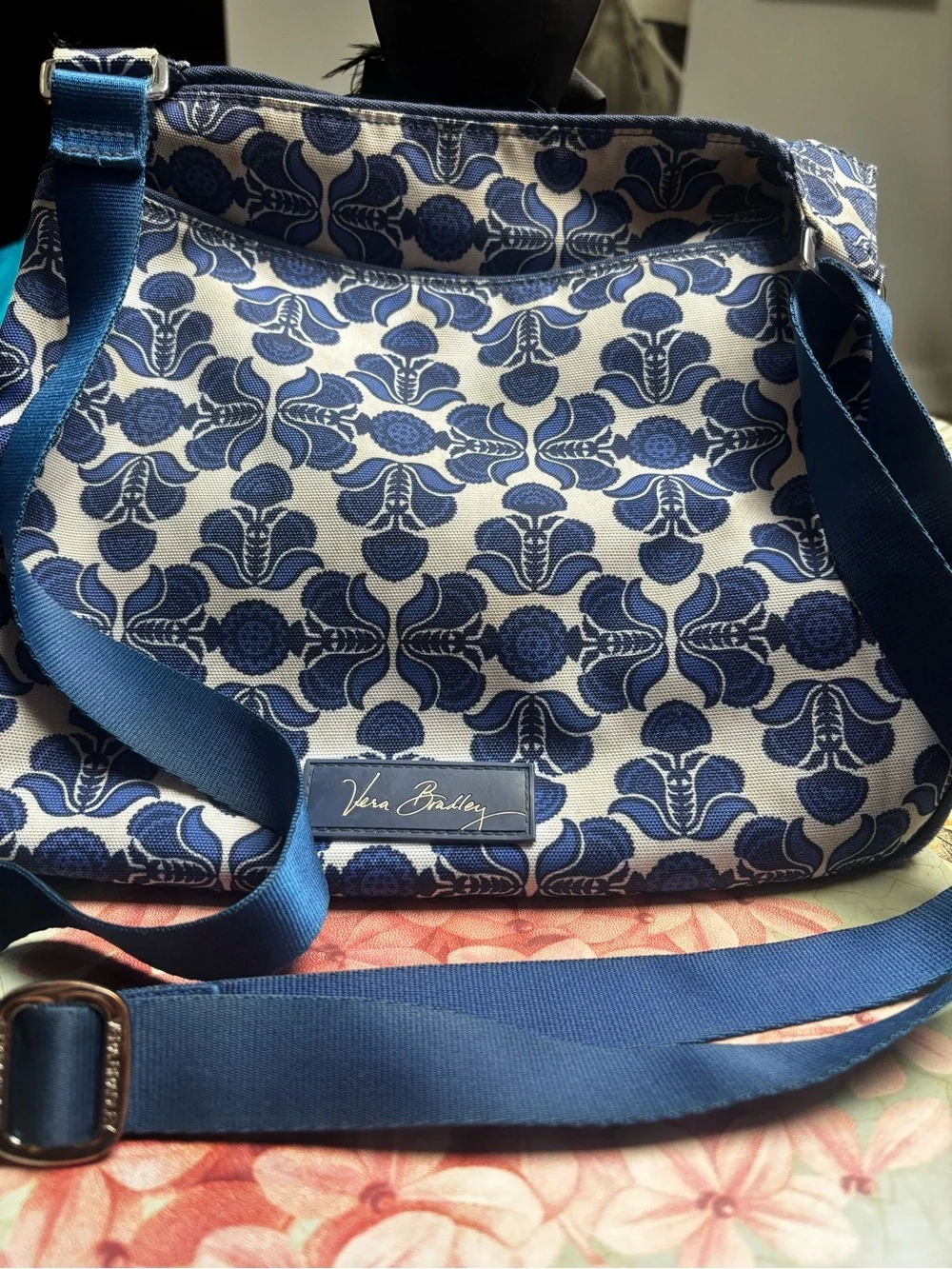 Vera Bradley Cobalt Tile Blue & White Handbag Shoulder Bag Adjustable Strap EUC